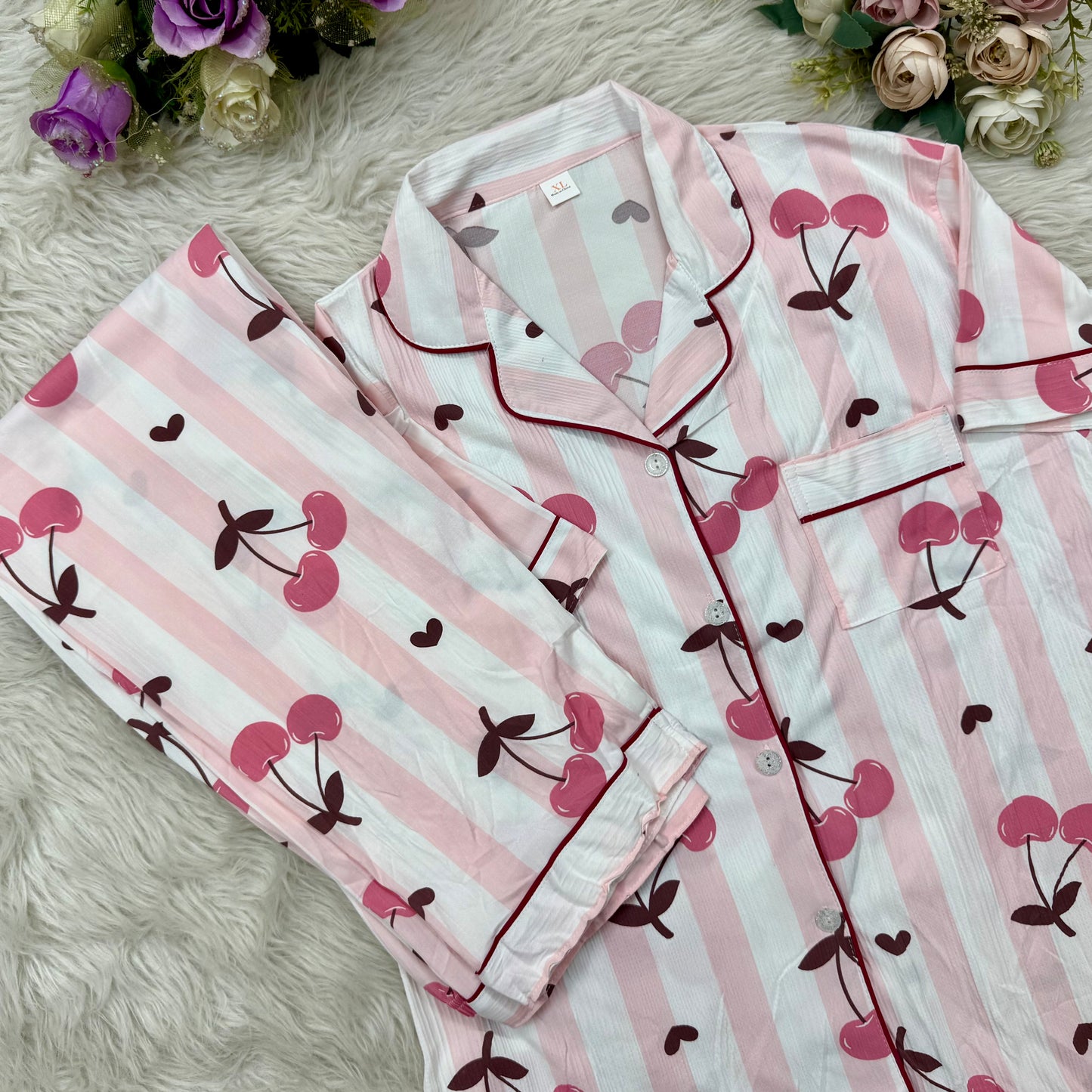 White Pink Cerry Print PJ Set (2pc)